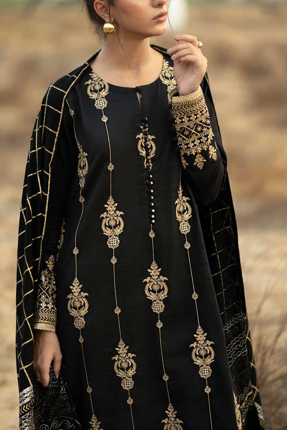 Gul Ahmed Winter 2026 - 3 Piece Embroidered Khaddar Suit with Gold & Lacquer Printed Pashmina Dupatta–