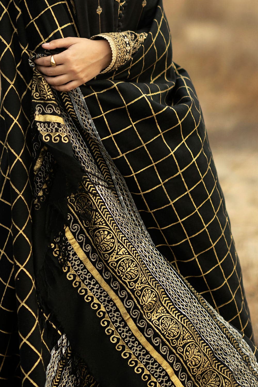 Gul Ahmed Winter 2026 - 3 Piece Embroidered Khaddar Suit with Gold & Lacquer Printed Pashmina Dupatta–