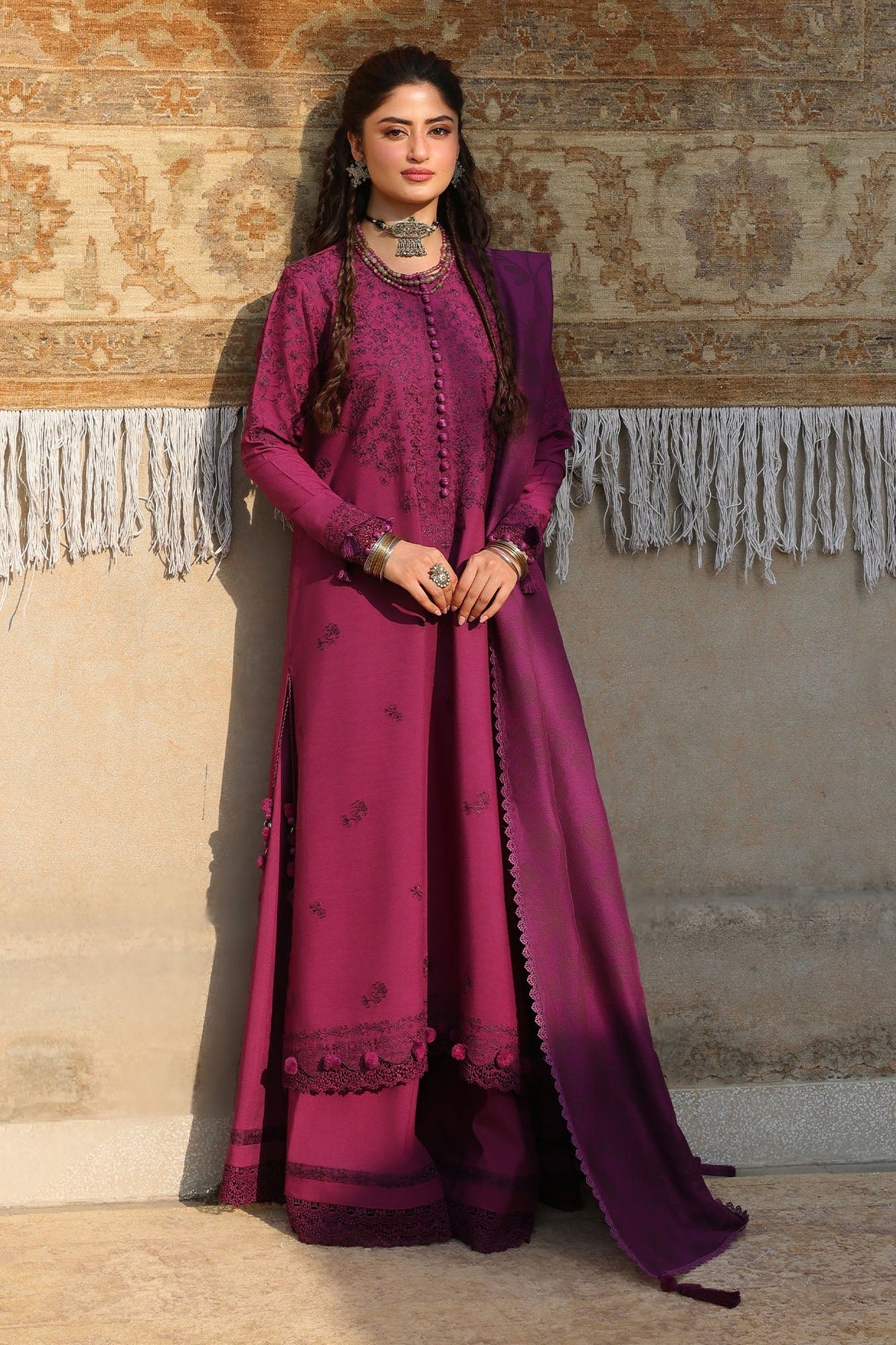 Cross Stitch Winter Unstitched 26 VELVET FUCHSIA-3PC LINEN EMBROIDERED SUIT
